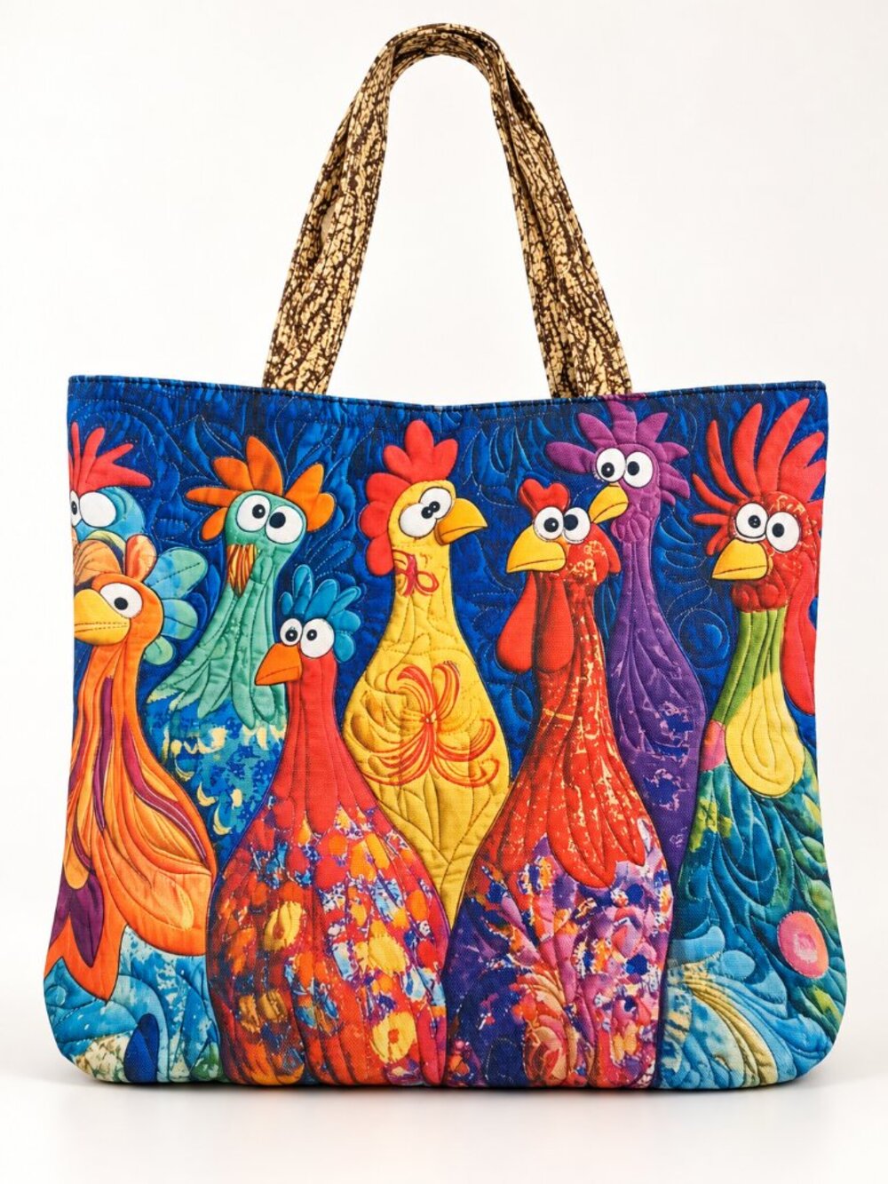 Quirky Chicken Print Padded Tote Bag Blue New 15 x 13 in